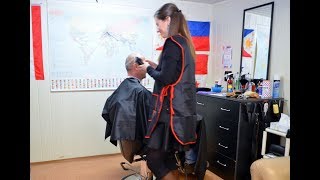 Shaved head at the sexy barber girl