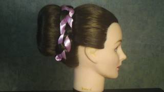 Прическа с лентой для длинных волос. Braided bun with ribbon tutorial