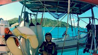 Emilia 9 years old diving down to service the Rocna 33 kg anchor