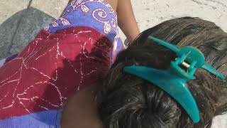 Long hair play. Henna with big bun. After wash show wet open long hair.