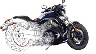 How to draw Harley-Davidson motorcycle from scratch. HD Video