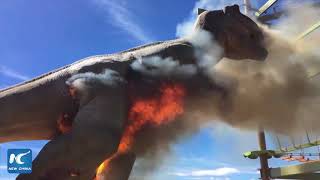 Life-size animatronic T-Rex bursts into flames at Colorado theme park