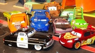 Pixar Cars Lightning McQueen in Radiator Springs with Sheriffs new Dash Cam chasing the Delinquent R