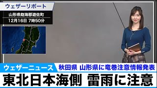 東北日本海側 雷雨に注意　秋田県 山形県に竜巻注意情報発表