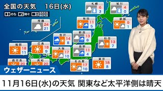 11月16日(水) 関東など太平洋側は晴天　日本海側は雨具の用意を