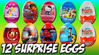 12 surprises Eggs Unboxing Dora The Explorer Hello Kitty Toy Story Disney Princess Movie