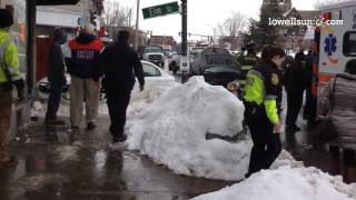 EMTs transport woman in neck brace after 2-car crash at Elm & Washington St West #NewtonMA.