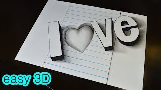 Как нарисовать простой 3D рисунок  LOVE / Easy 3D Drawing LOVE Trick Art on Line Paper