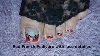 Sexy Red French Pedicure Lace details Toes art design easy and simple