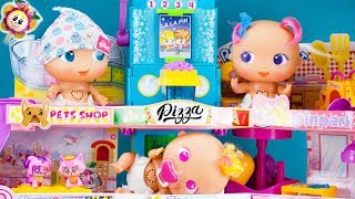 Les Bebés BELLIES et Pinypon vont au super CENTRE COMERCIAL: magasin de jouet, pizzeria, animalerie
