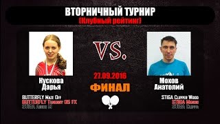 27.09.2016г. Кускова Д. - Мохов А. "ПингВинКлуб" ФИНАЛ. настольный теннис Екатеринбург