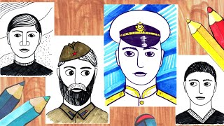 Рисуем мужской портрет с детьми. Обычный и в военной форме.