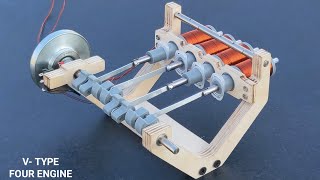 Making V-Type Four Cylinder Engine Using Most Powerful Magnet