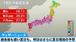 25℃超が続出、日本海側では過去最も遅い夏日も。明日はさらに夏日増加の予想