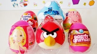 6 Surprise eggs Unboxing Angry Birds, Barbie, The Smurfs, Hello Kitty, Peppa Pig, Party Animals