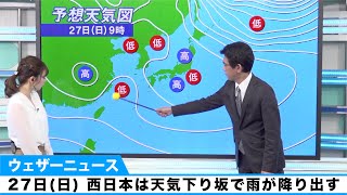 27日(日) 西日本は天気下り坂で雨が降り出す