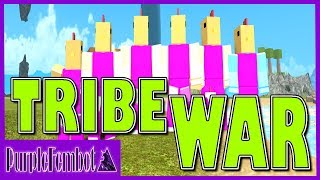 TRIBE WARS with FANS FAIL!  PurpleFemBot 5v1 ~ HUT PVP WAR! (Roblox Booga Booga)