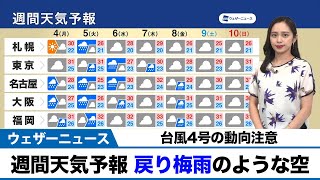 週間天気予報 戻り梅雨のような空、台風4号の動向注意