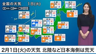 2月1日(火)の天気　関東は乾燥した晴天続く、北陸など日本海側は荒天