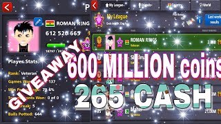 5 Account With 600M Coins /300 Cash / Ready To Giveaway/ 8 ball pool