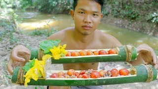 Primitive Cooking egg duck with bamboo in forest | wilderness life