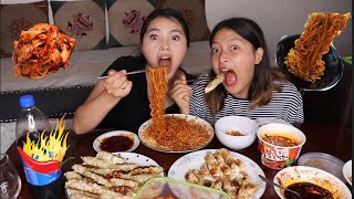 Spicy noodle and gyoza mukbang with song challenge (Antakshiri). #3