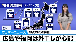 今夜の洗濯情報／広島や福岡は外干しが心配