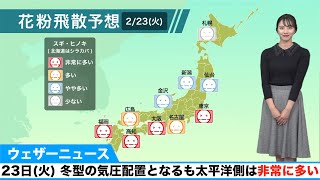 23日(火)の花粉飛散予想／冬型の気圧配置となるも太平洋側は非常に多い