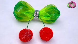 Заколка Вишенки из органзы и помпонов. Канзаши МК/Hairpin Cherry. DIY Kanzashi