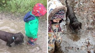 Toddler And Dog Love Splashing In Puddles