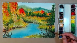 4 color Fall Landscape in Watercolor // Beginner Friendly!
