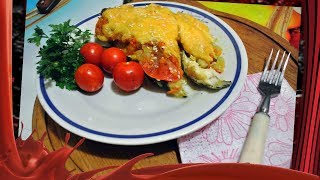 Стейк зубатки с овощами.