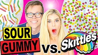 GIANT BALLOON SOUR GUMMY WORMS VS SKITTLES CHALLENGE!!