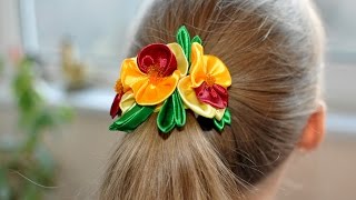 МК Канзаши   Резинка для волос  Анютины глазки /DIY Kanzashi Flowers