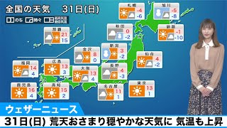 31日(日)の天気／荒天おさまり穏やかに。気温も上昇