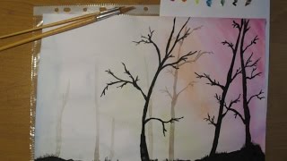 Как нарисовать силуэты деревьев на переднем и заднем плане.