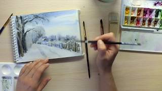 Картина акварелью Зимний сюжет. Watercolor winter
