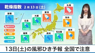 2月13日(土)の風邪ひき予報 広く注意レベル